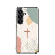 Christian cross Samsung Galaxy S25 clear phone case with minimalist beige botanical design symbolizing faith in Jesus Christ