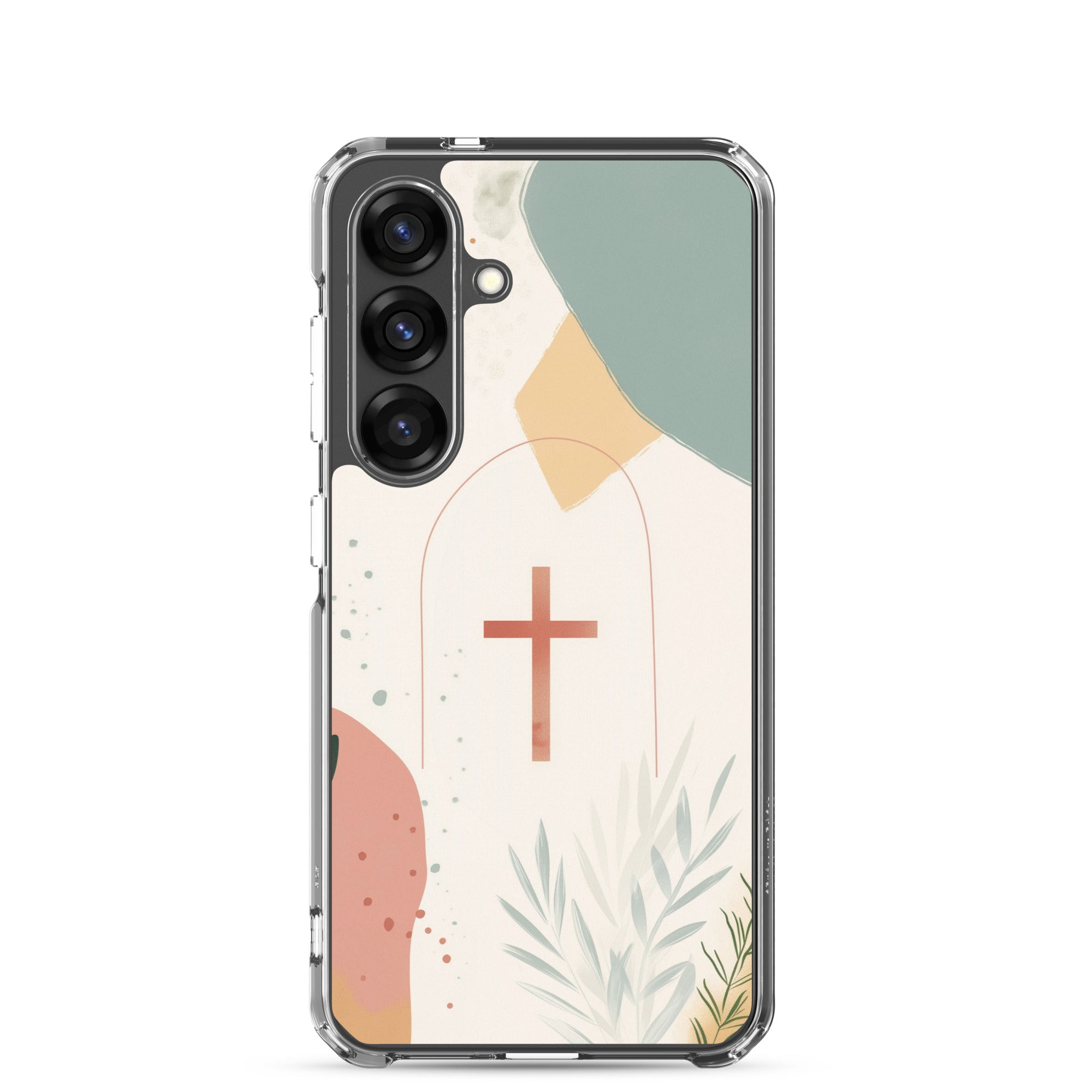 Christian cross Samsung Galaxy S25 clear phone case with minimalist beige botanical design symbolizing faith in Jesus Christ