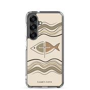 Christian fish Ichthys cross Samsung Galaxy S25 clear phone case with minimalist beige wave design symbolizing faith in Jesus Christ