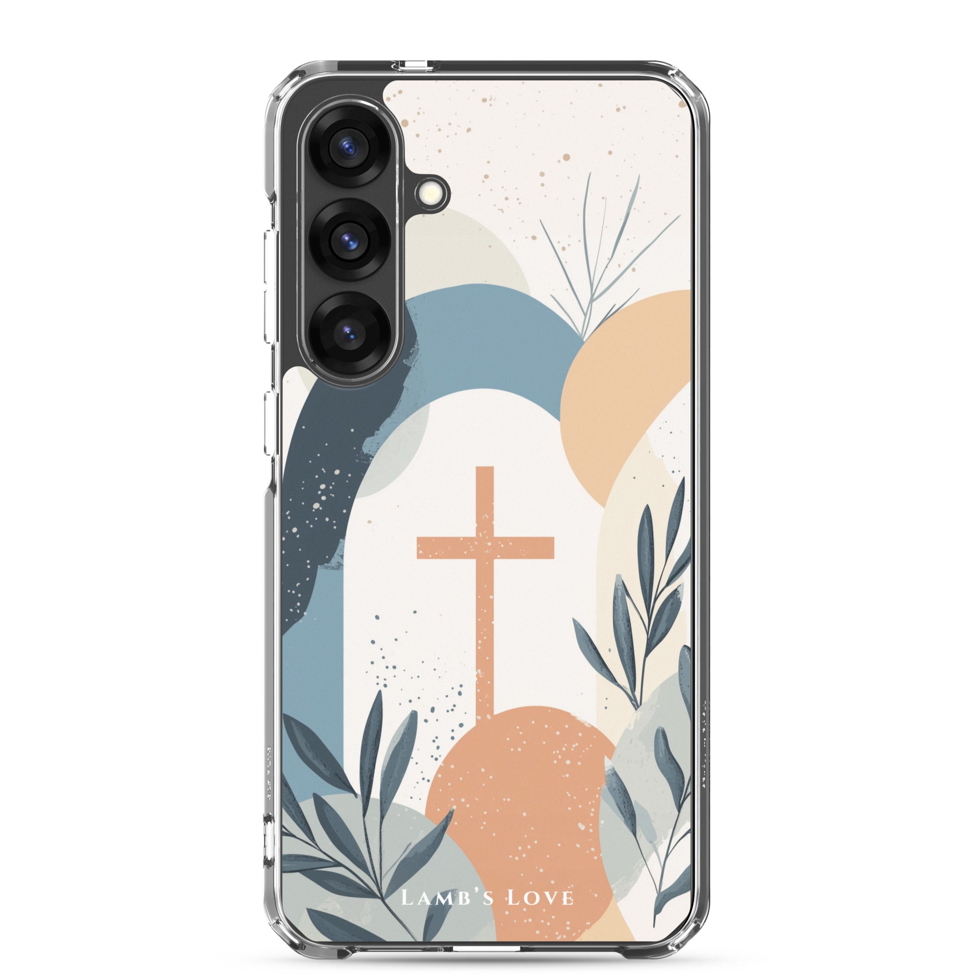 Minimalist Christian Samsung Galaxy s25 case featuring a central tan cross over an abstract landscape of blue, beige, and orange shapes with delicate botanical leaf accents on a white background