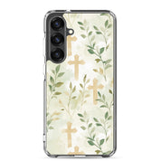Botanical cross Samsung Galaxy S25 plus phone case with soft green leaves forming cross pattern minimalist Christian faith design