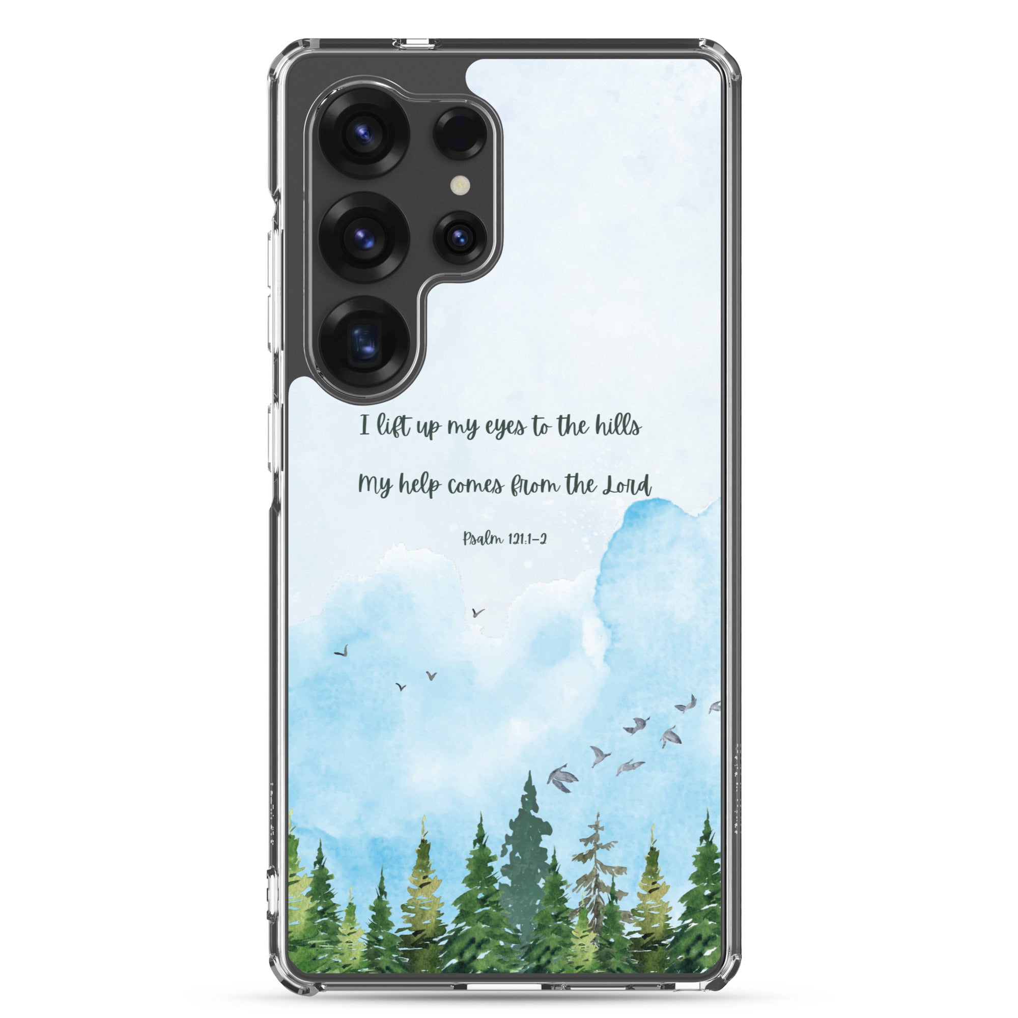I Lift Up My Eyes Christian Samsung Galaxy S25 ultra phone case with mountain landscape and blue watercolor sky design featuring Psalm 121:1-2 Bible verse on clear protective case