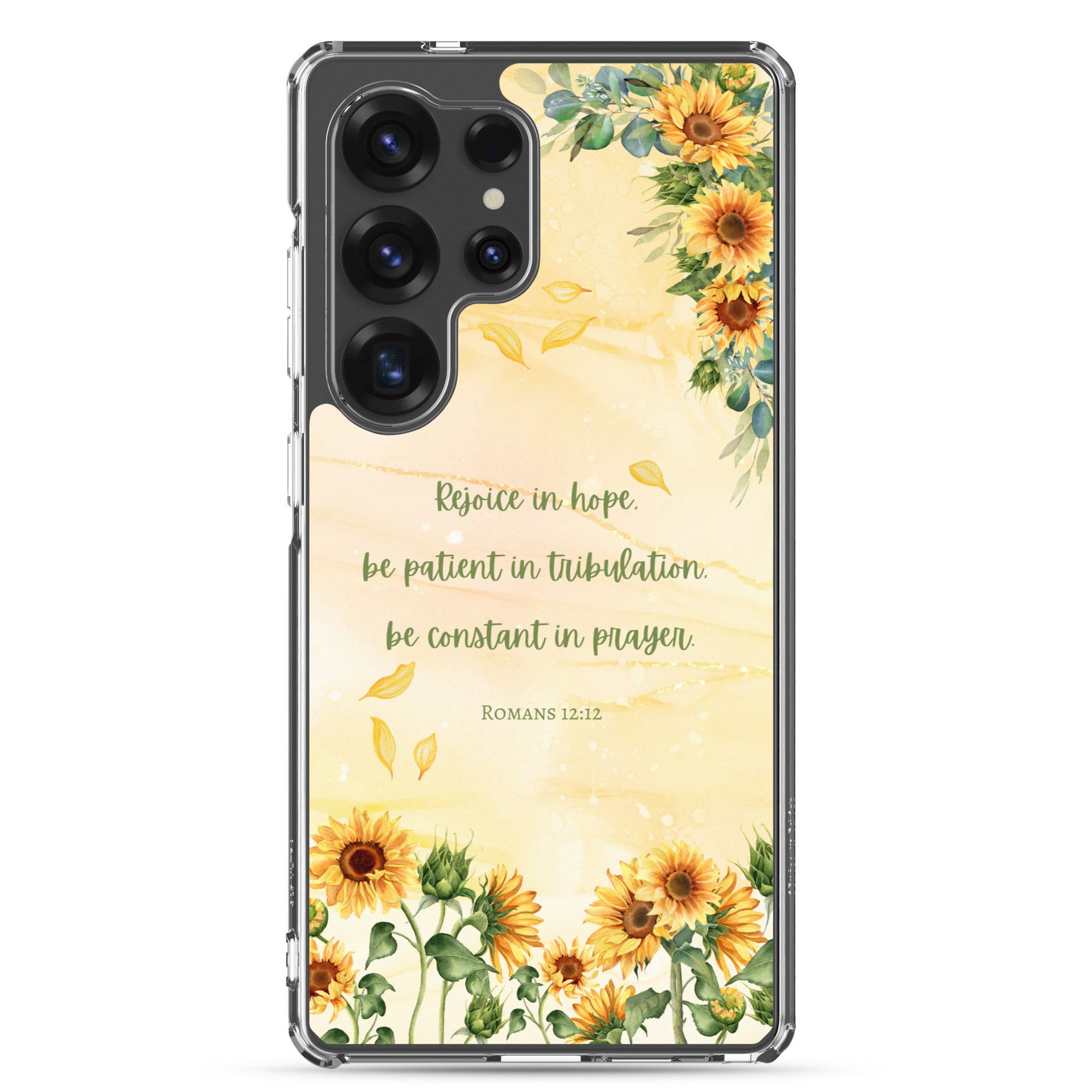 Rejoice in Hope Christian Samsung Galaxy S25 ultra phone case with sunflower floral design featuring Romans 12:12 Bible verse on clear protective case