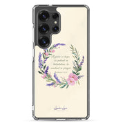 Rejoice in Hope Christian Samsung Galaxy S25 ultra phone case with floral wreath design featuring Romans 12:12 Bible verse on clear protective case