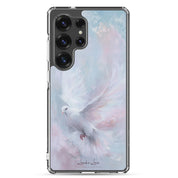 Holy Spirit Dove Christian Samsung Galaxy S25 ultra phone case with soft watercolor sky design featuring white dove symbol of the Holy Spirit on clear protective case