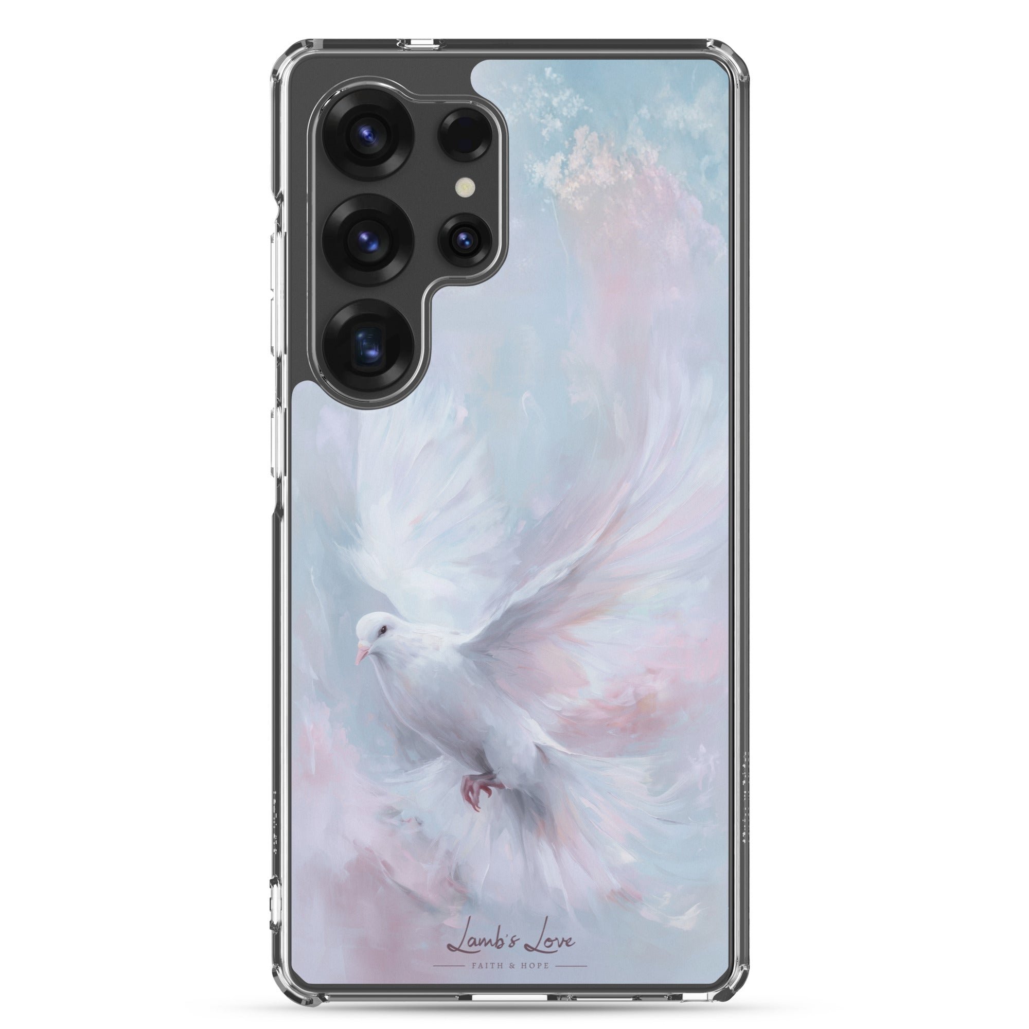 Holy Spirit Dove Christian Samsung Galaxy S25 ultra phone case with soft watercolor sky design featuring white dove symbol of the Holy Spirit on clear protective case