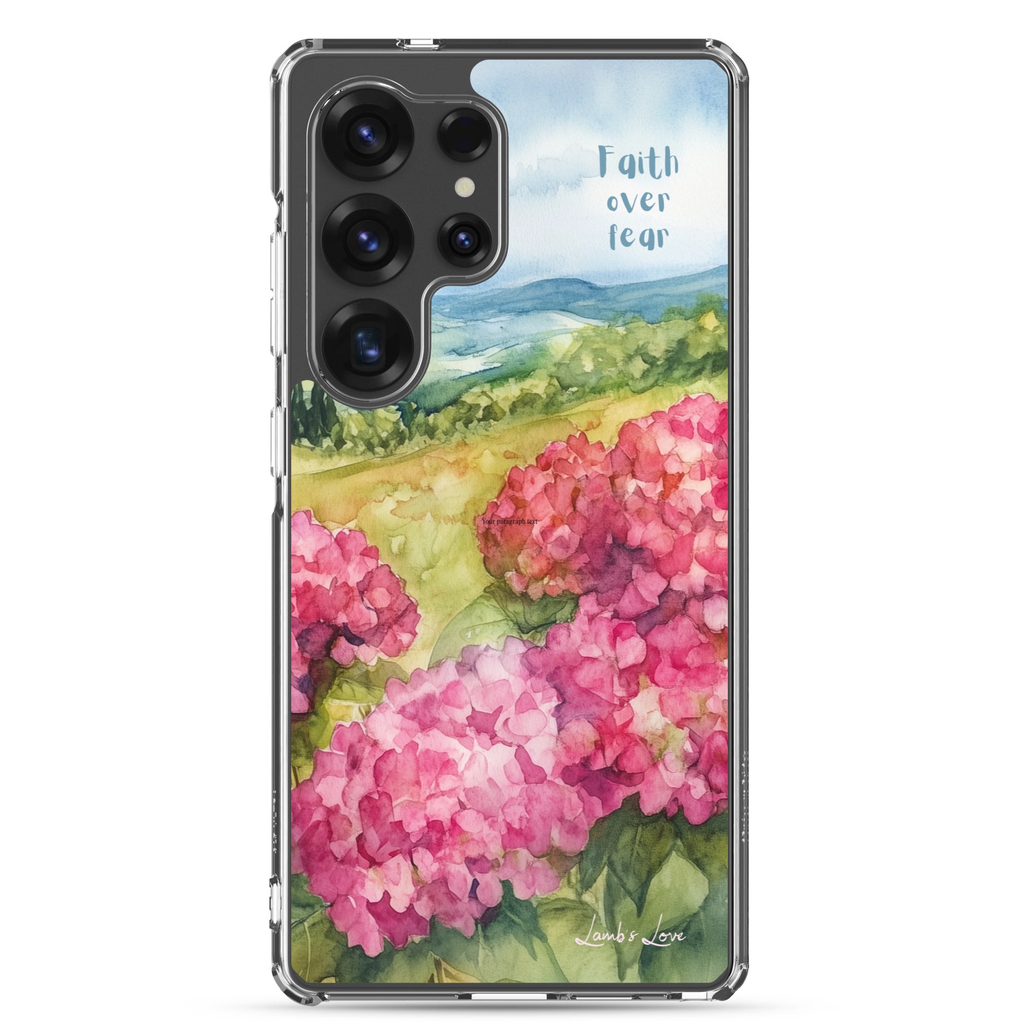 Faith Over Fear Christian Samsung Galaxy S25 ultra phone case with pink floral landscape design and blue sky background featuring inspirational faith message on clear protective case