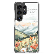 Be Still and Know Christian Samsung Galaxy S25 ultra phone case with mountain landscape and wildflower design featuring Psalm 46:10 Bible verse on clear protective case