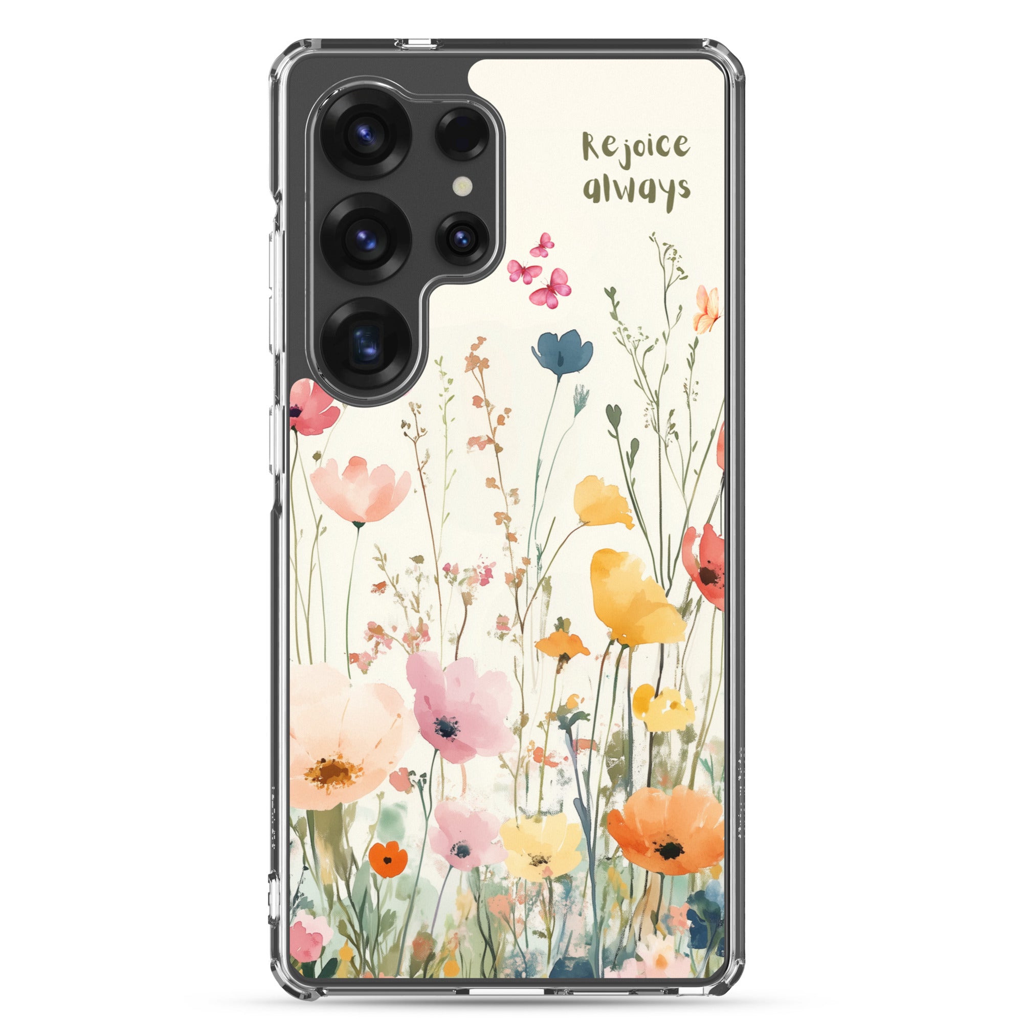 Rejoice Always Christian Samsung Galaxy S25 ultra phone case with colorful wildflower floral design featuring uplifting faith message on clear protective case