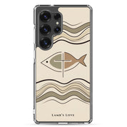 Christian fish Ichthys cross Samsung Galaxy S25 ultra clear phone case with minimalist beige wave design symbolizing faith in Jesus Christ