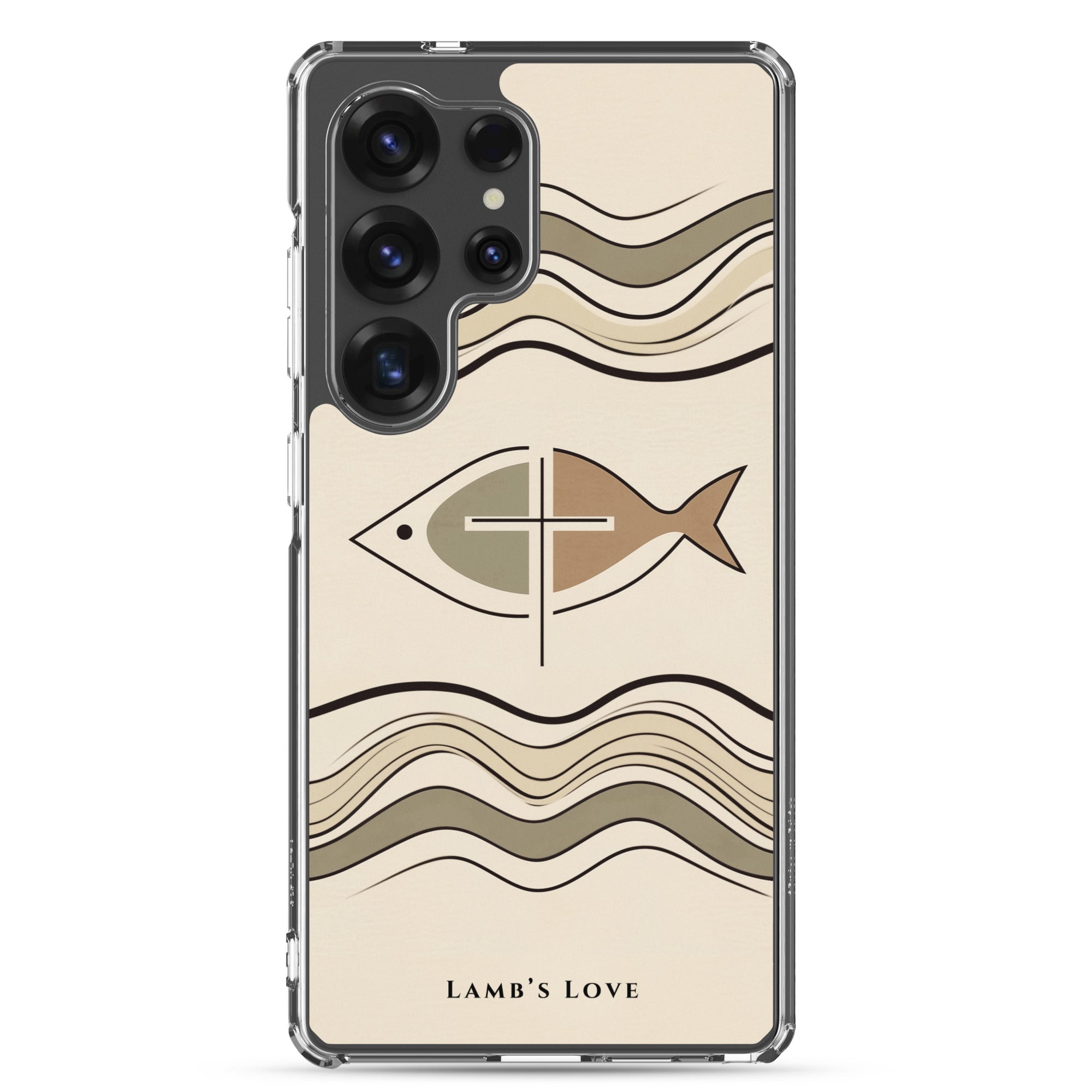 Christian fish Ichthys cross Samsung Galaxy S25 ultra clear phone case with minimalist beige wave design symbolizing faith in Jesus Christ