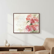 Red hydrangea watercolor Christian wall art portraying Matthew 11:28–29 scripture, displayed in a warm, inviting home setting.