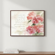 Come to Me red hydrangea Christian wall art inspired by Matthew 11:28–29, featuring watercolor flowers and Jesus’ invitation to rest.