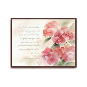 Close-up of watercolor hydrangea artwork with Matthew 11:28–29 verse, reminding believers of Christ’s gentle invitation to rest.