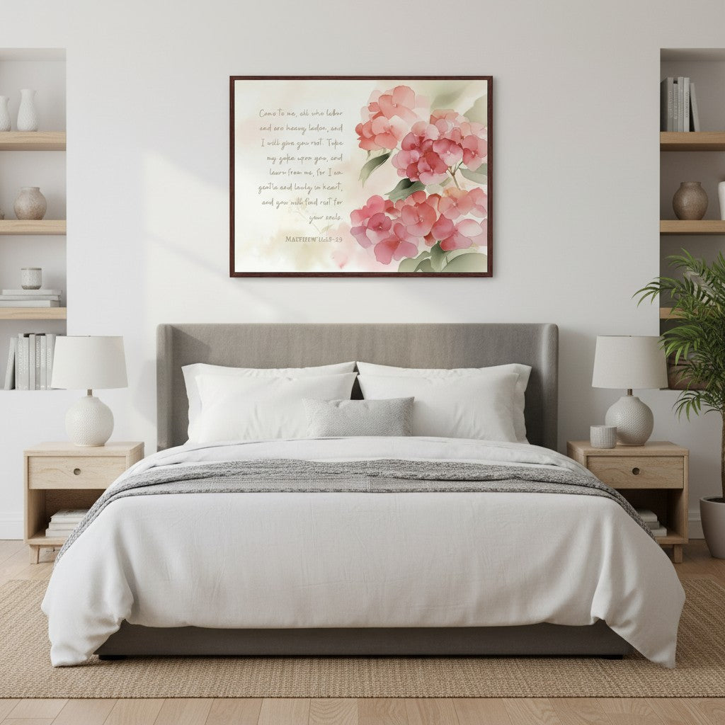 Matthew 11:28–29 Bible verse wall art with red hydrangeas, styled above a bed for a serene, faith-filled bedroom look.