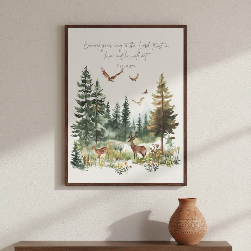 Framed watercolor forest Scripture wall art inspired by Psalm 37:5, showing eagles and trees on a beige wall with a vase.