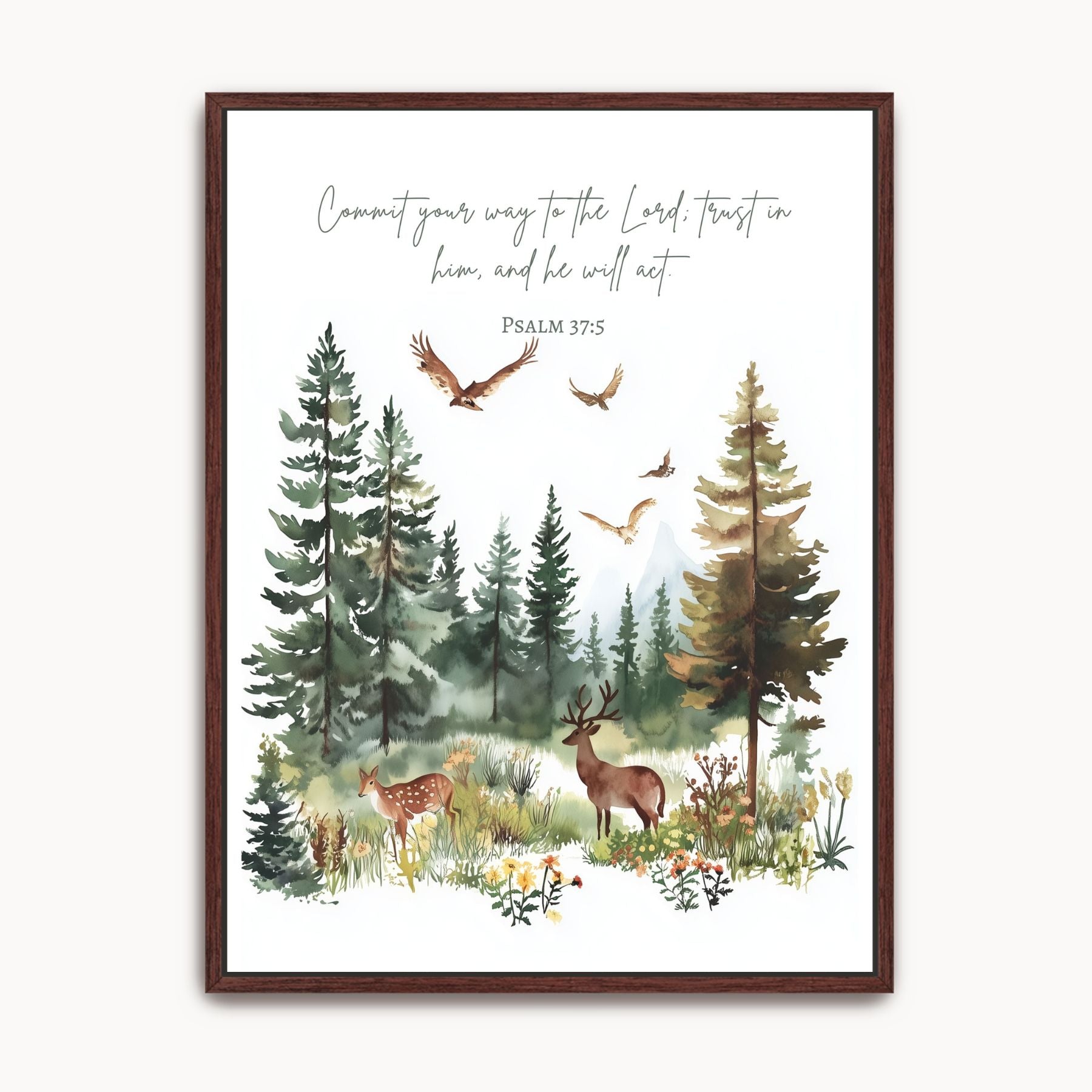 “Commit Your Way to the Lord” watercolor forest scene Scripture canvas featuring Psalm 37:5 with trees, deer, and eagles.