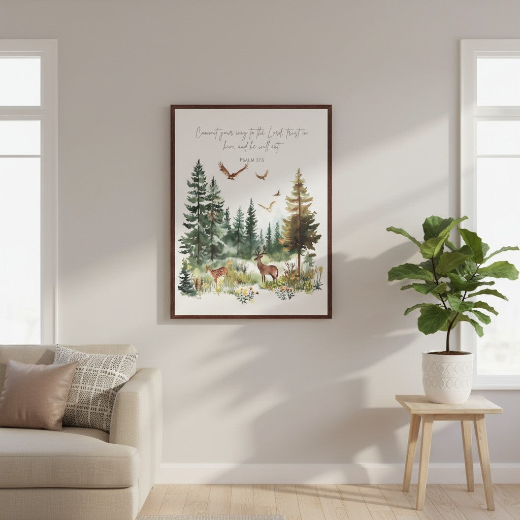 Christian watercolor forest scene wall art with Psalm 37:5 verse, displayed above a white dresser with simple home decor.