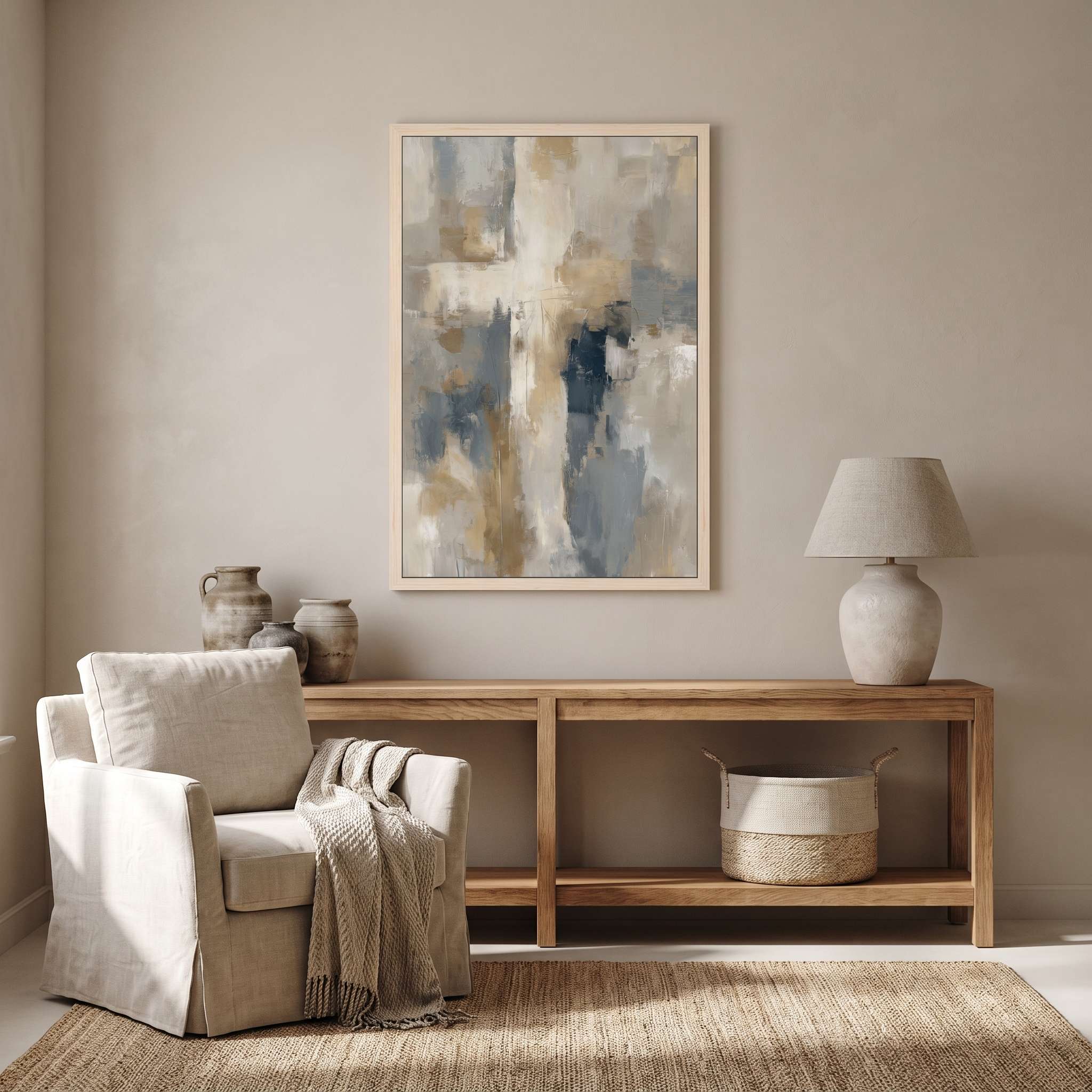 Framed contemporary abstract cross canvas wall art hanging above a light wood console table beside a linen armchair in a bright living room.