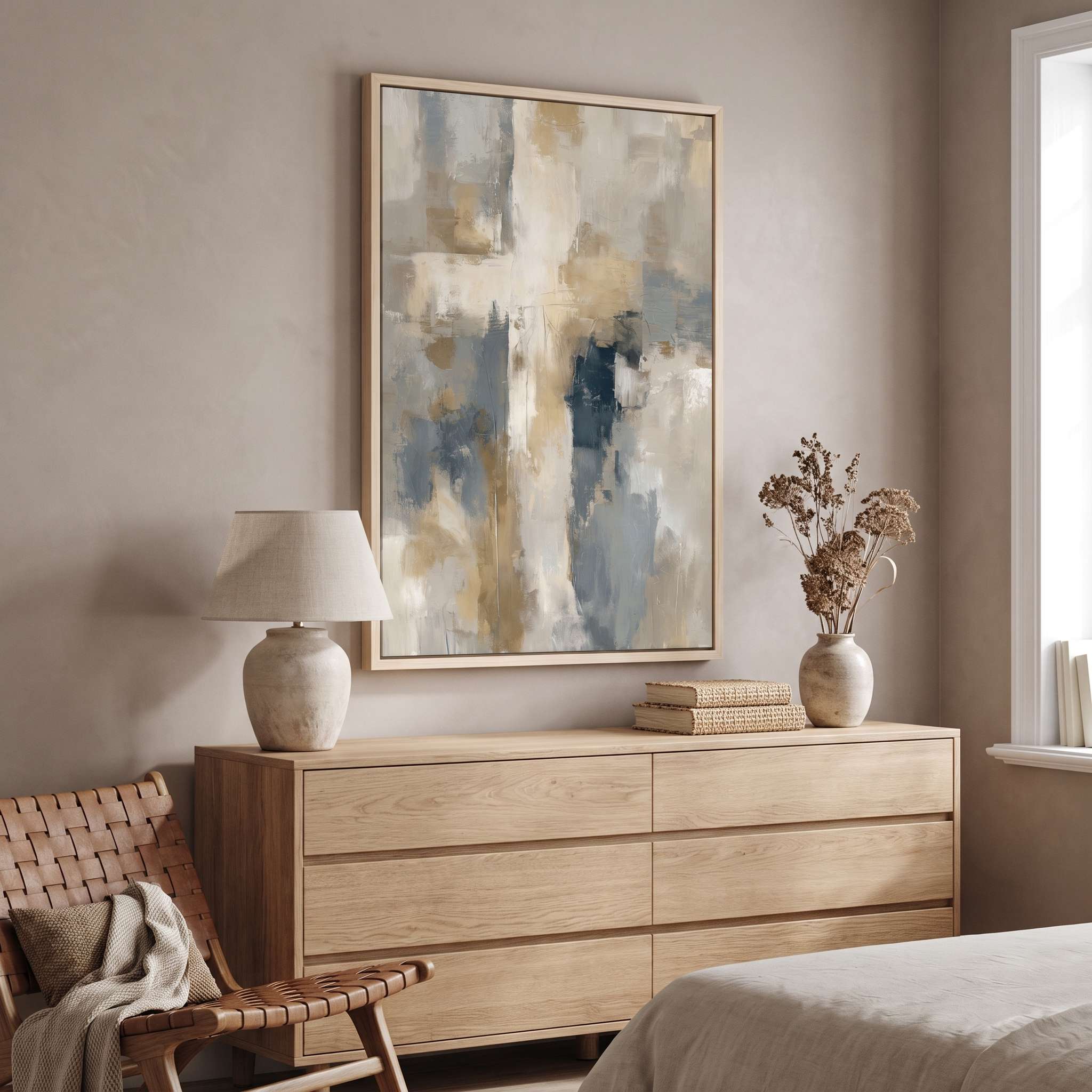 Framed contemporary abstract cross canvas wall art hanging above a light wood dresser in a serene, modern bedroom near a bedside lamp and window.