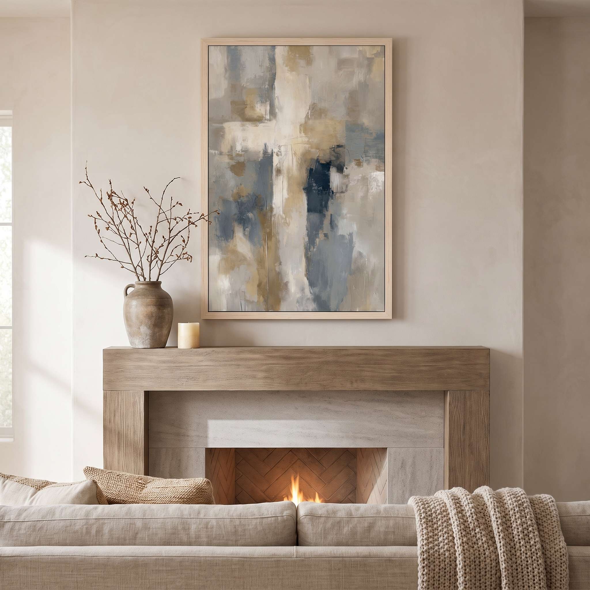 Framed contemporary abstract cross canvas wall art hanging above a rustic wood fireplace mantel in a modern living room setting.
