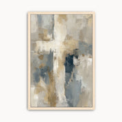 Contemporary abstract cross framed canvas wall art featuring soft brushstroke textures in beige, gray, white, and blue, set in a maple wood frame.