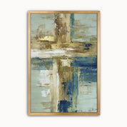 Contemporary abstract cross wall art featuring a textured ivory cross with expressive blue, beige, white, and gold brushstrokes for modern Christian home decor.
