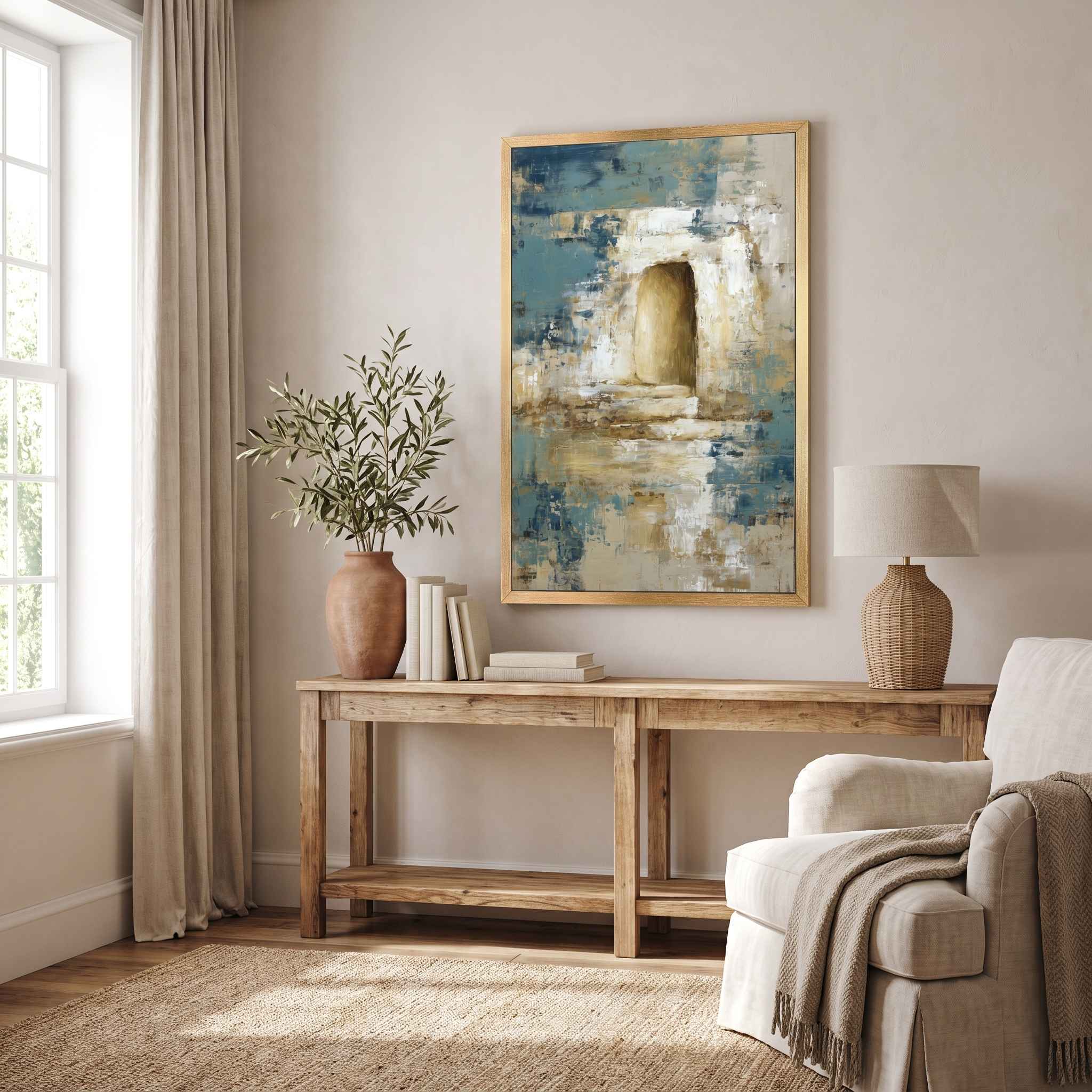 Contemporary Christian abstract empty tomb framed canvas wall art featuring a glowing open tomb motif in textured blue, beige, and gold brushstrokes displayed on a light wall above a wood console table in an organic modern living room.