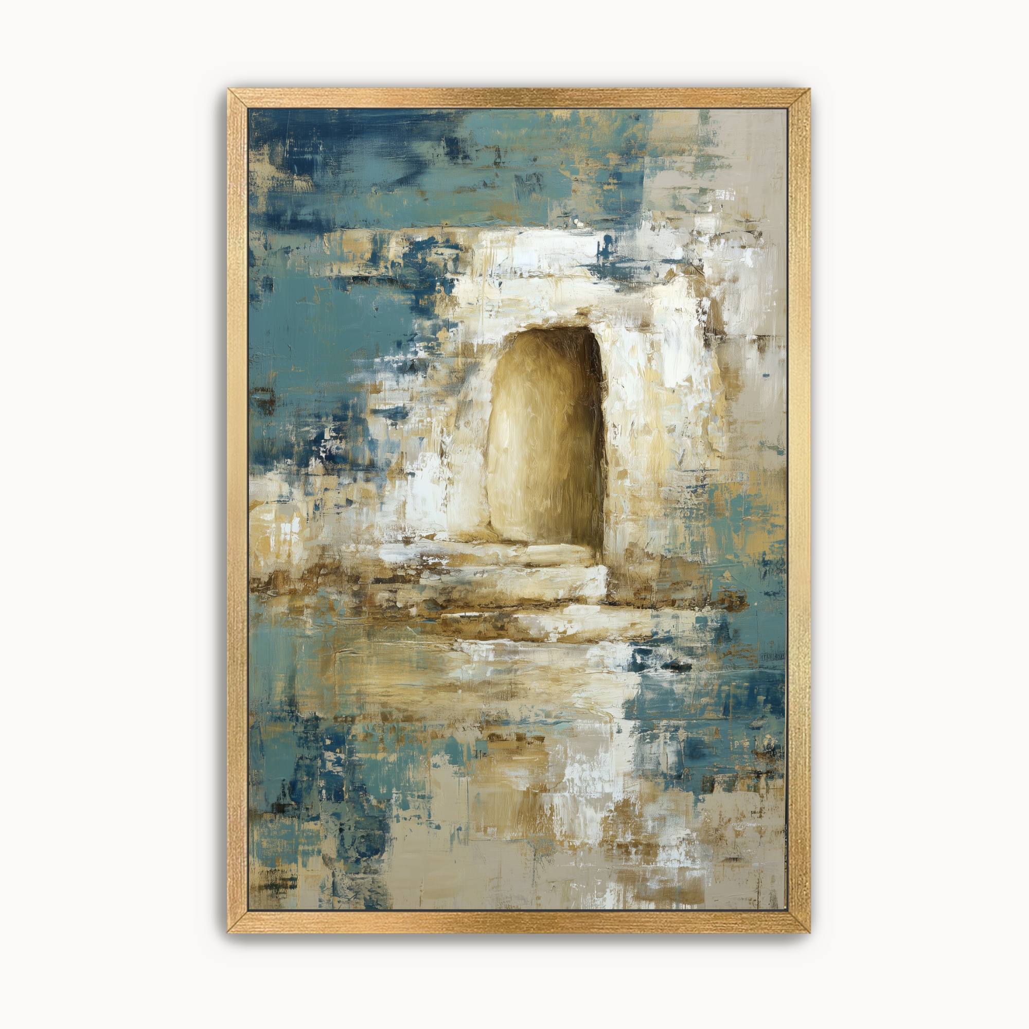 Contemporary empty tomb wall art featuring the open tomb of Jesus with expressive blue, ivory, beige, and gold brushstrokes, symbolizing Christ's resurrection and the hope of Easter.