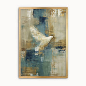 Contemporary white dove wall art featuring a white dove in flight over textured blue, beige, and gold brushstrokes, symbolizing the Holy Spirit, peace, and God's presence in modern Christian home decor.