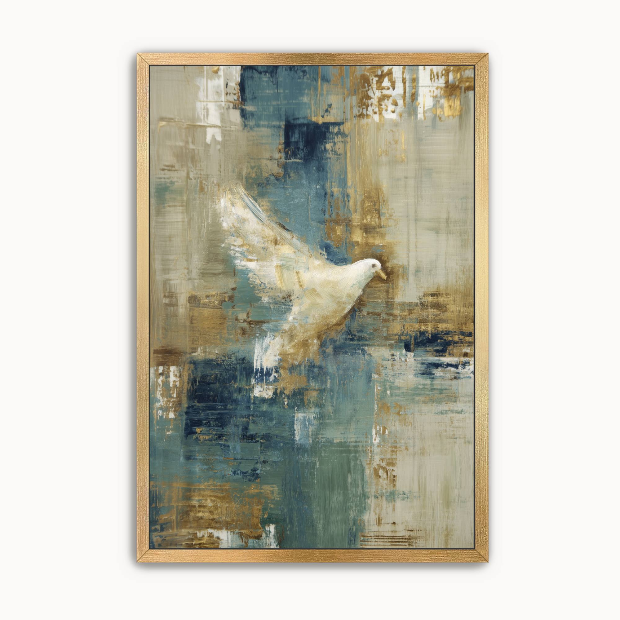Contemporary white dove wall art featuring a white dove in flight over textured blue, beige, and gold brushstrokes, symbolizing the Holy Spirit, peace, and God's presence in modern Christian home decor.