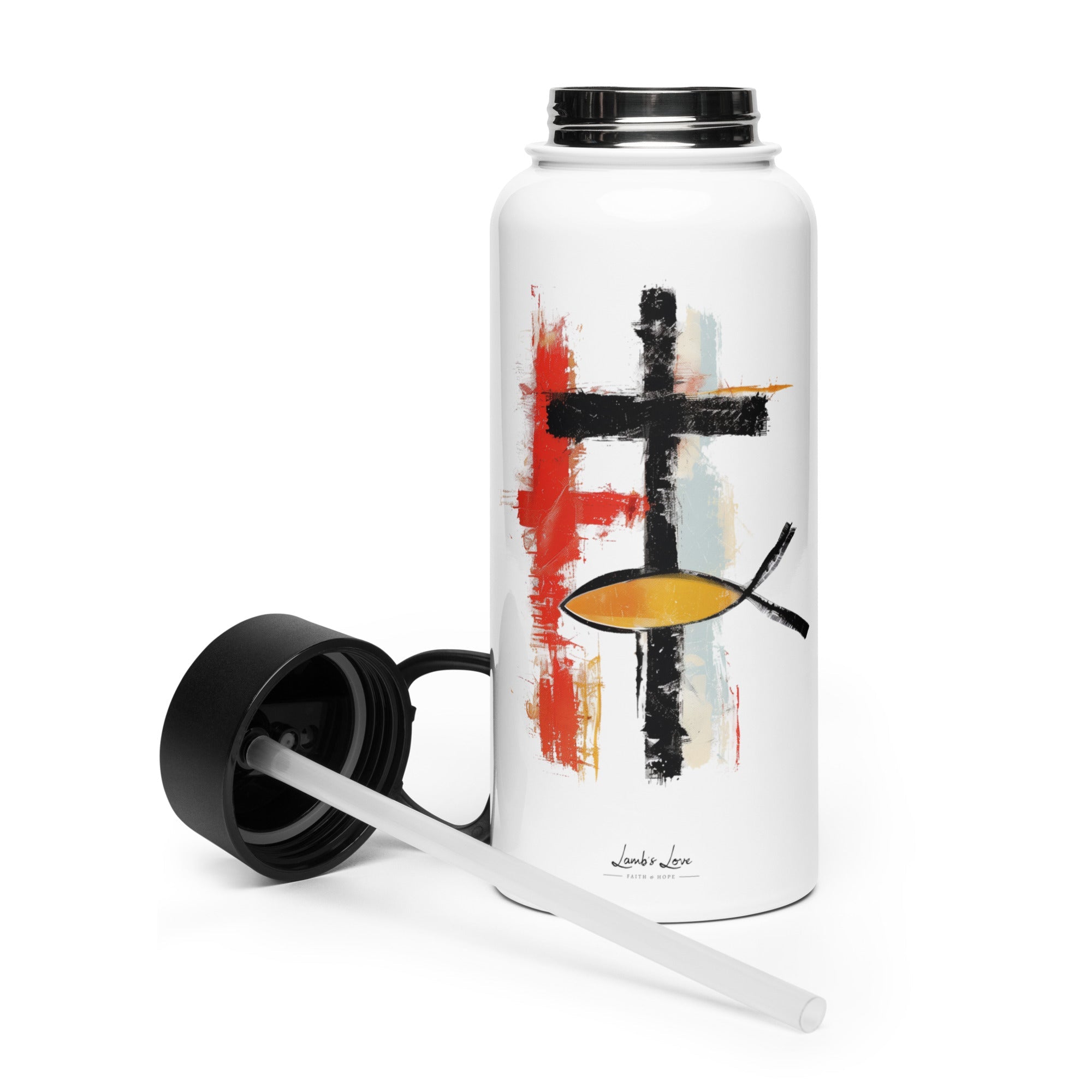 Cross and Ichthys, 32 oz Stainless Steel Water Bottle - Lamb’s Love