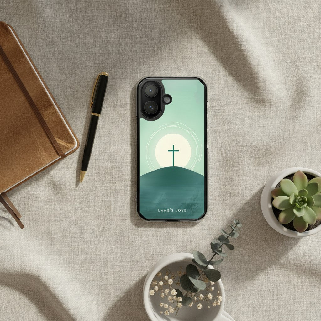 Christian MagSafe iPhone case with cross on the mountain design on desk with notebook and plants minimalist faith phone case