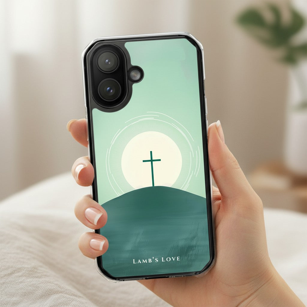 Christian MagSafe iPhone case with cross on the mountain design held in hand minimalist faith phone case