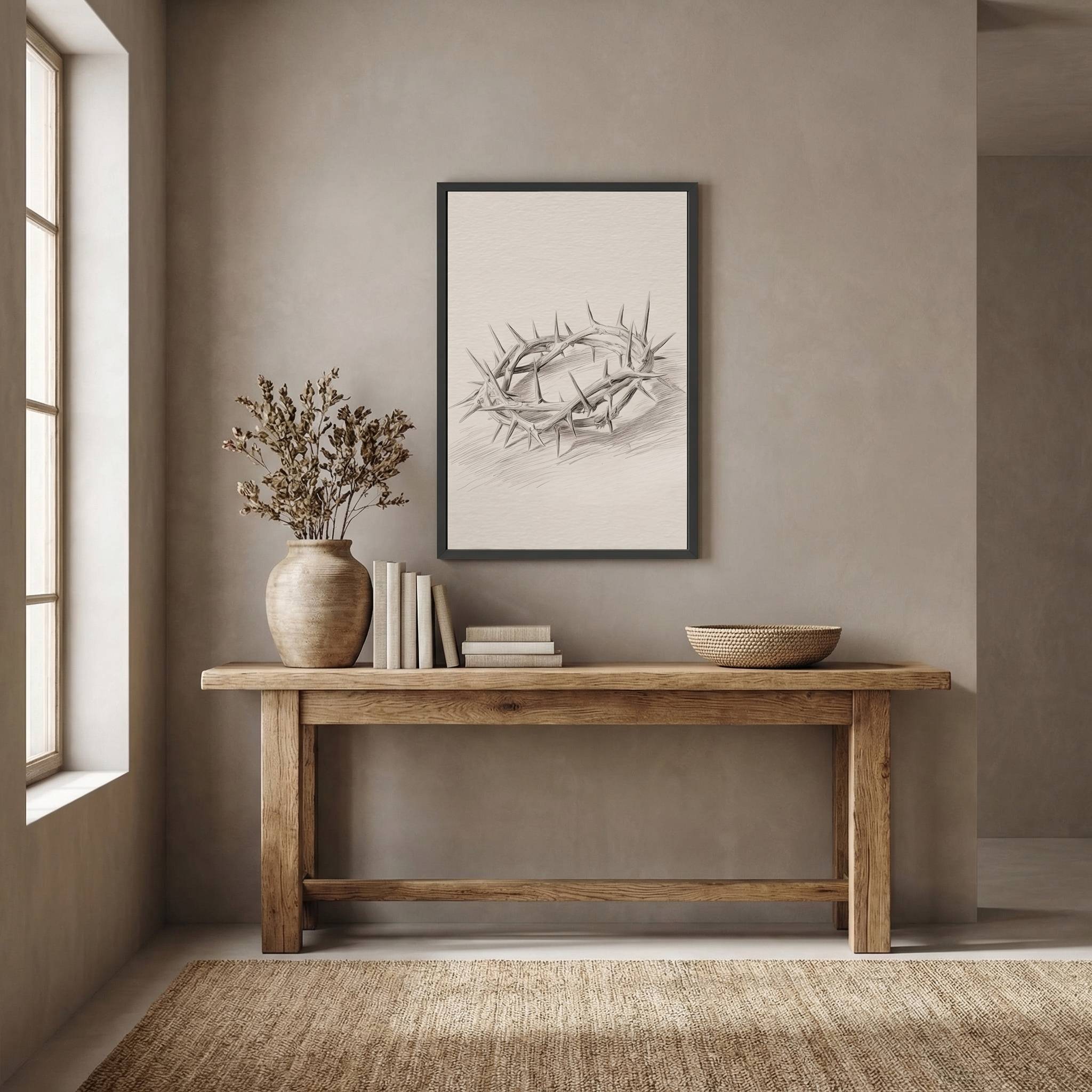 Minimalist Crown of Thorns sketch in a black frame, styled on a wooden console table in a neutral hallway.