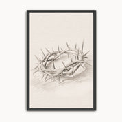 Minimalist Crown of Thorns line art sketch in a black frame, modern Christian wall decor for a neutral home.