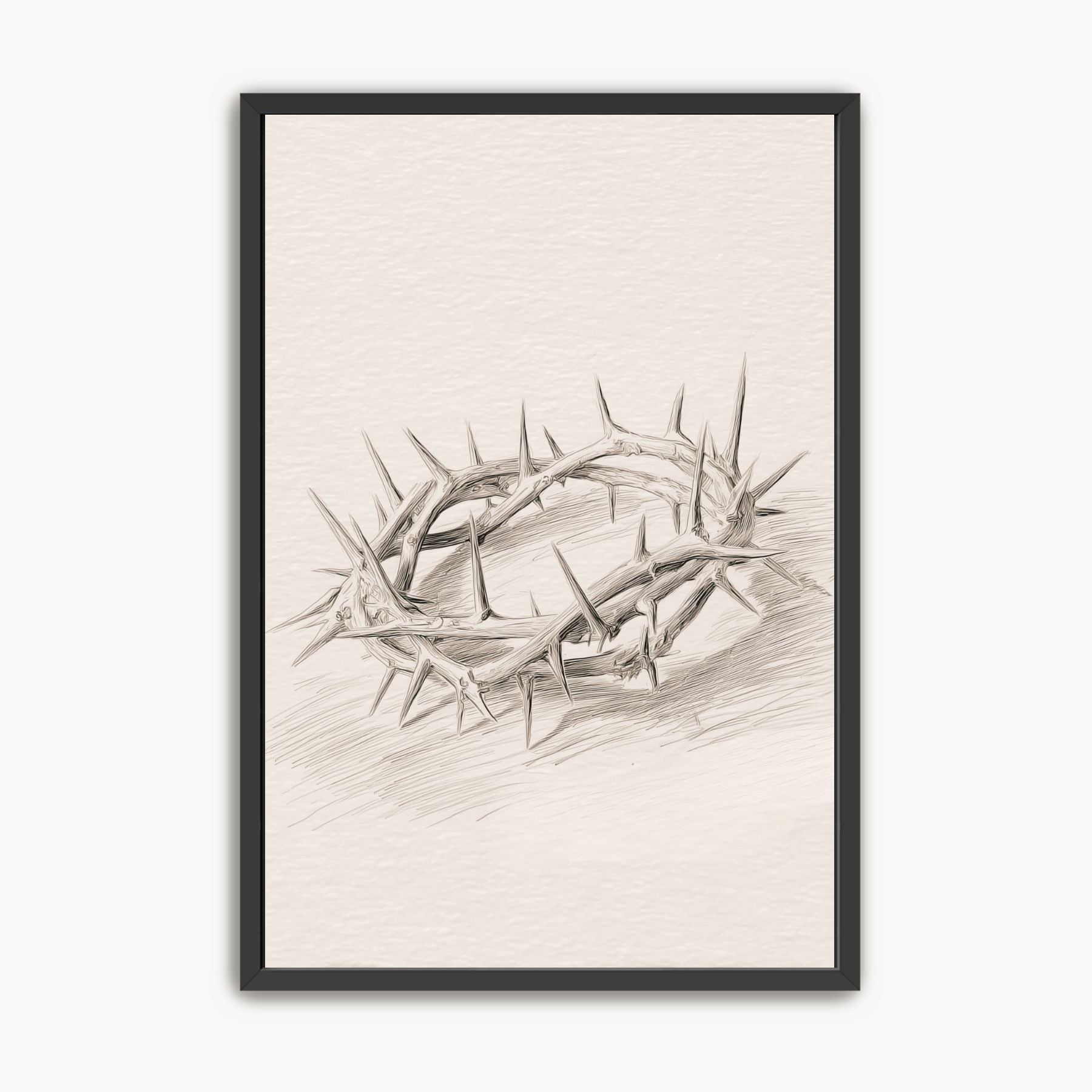 Minimalist Crown of Thorns line art sketch in a black frame, modern Christian wall decor for a neutral home.
