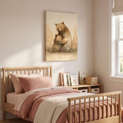 Deeply Loved bear hug Christian kids canvas wall art above a wooden bed with dusty pink bedding in a bright, neutral children’s bedroom.