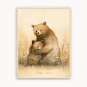 Deeply Loved Christian kids wall art showing a bear hugging its cub among wildflowers, with warm beige tones and a light wood frame.