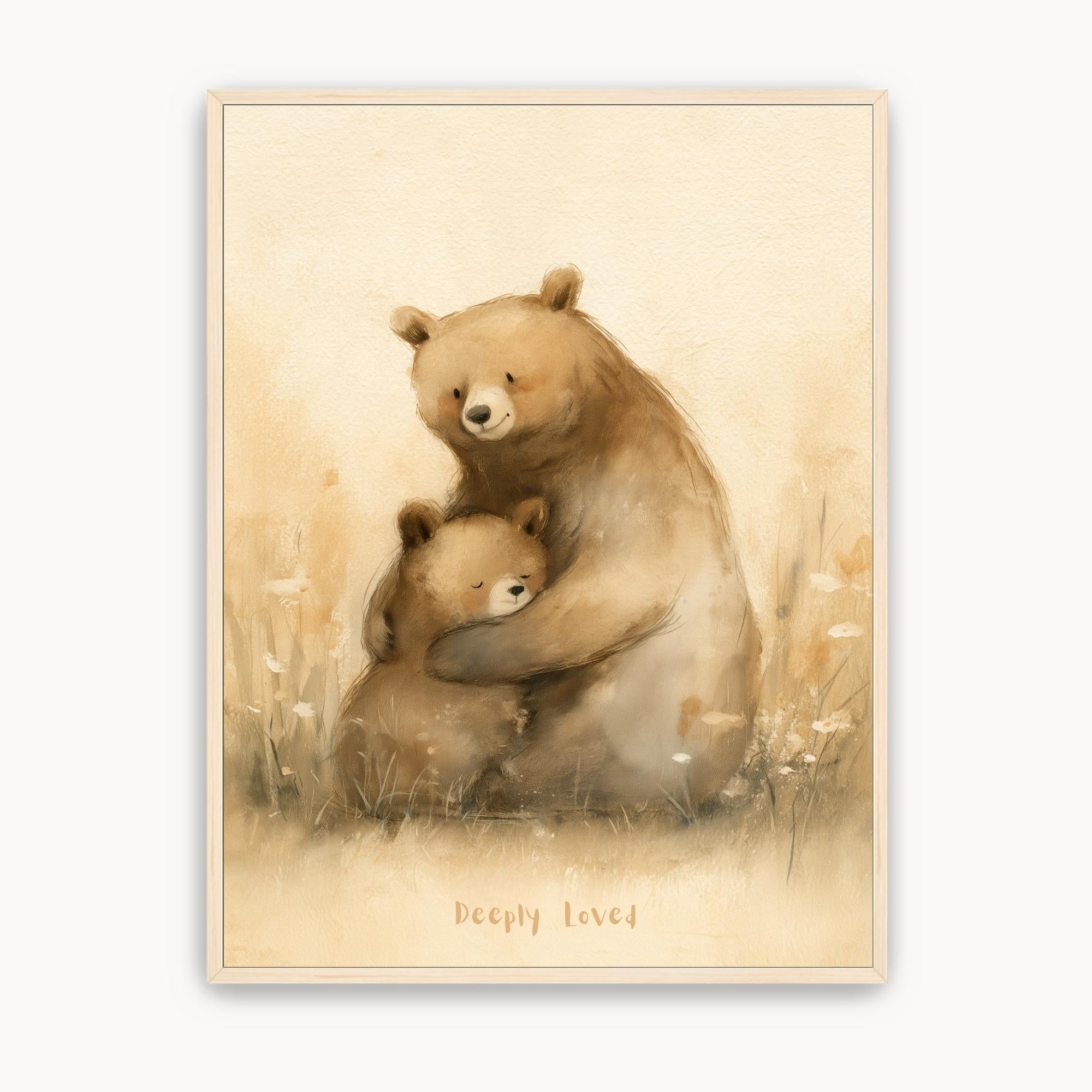 Deeply Loved Christian kids wall art showing a bear hugging its cub among wildflowers, with warm beige tones and a light wood frame.