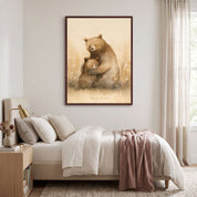 Christian nursery and kids wall art featuring a bear hugging its cub with the words “Deeply Loved,” framed above a bed in a soft neutral bedroom.