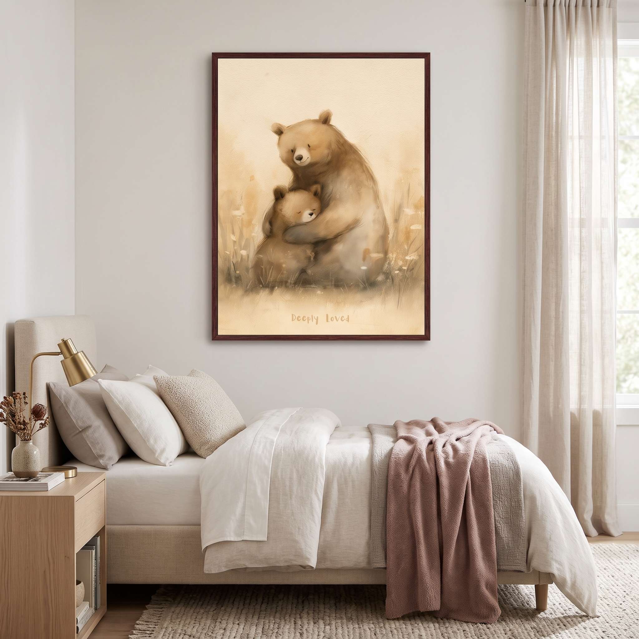 Christian nursery and kids wall art featuring a bear hugging its cub with the words “Deeply Loved,” framed above a bed in a soft neutral bedroom.
