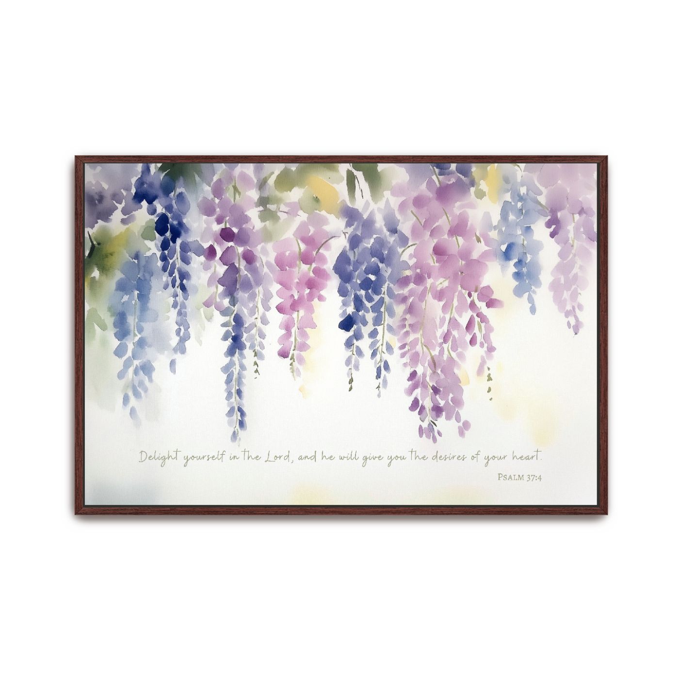 Delight in the Lord Christian wall art featuring Psalm 37:4 with watercolor purple wisteria cascading gracefully on a light background.