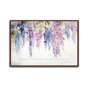 Delight in the Lord Christian wall art featuring Psalm 37:4 with watercolor purple wisteria cascading gracefully on a light background.