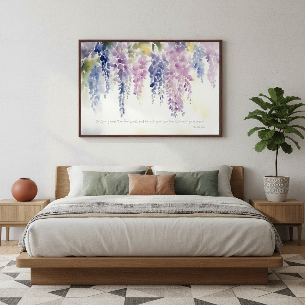 Watercolor purple wisteria Christian wall art with Psalm 37:4 verse, displayed in a cozy living room with natural light and plants.