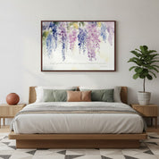 Watercolor purple wisteria Christian wall art with Psalm 37:4 verse, displayed in a cozy living room with natural light and plants.