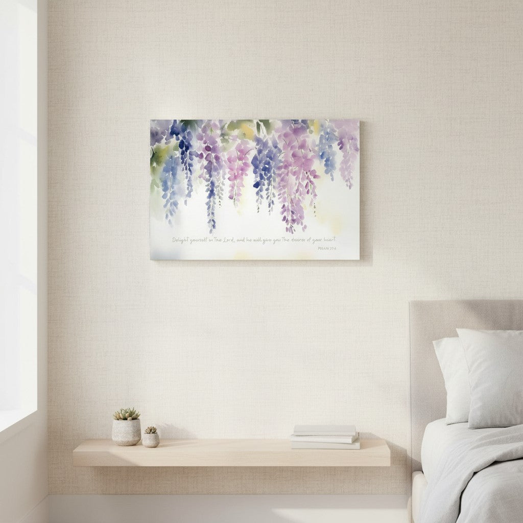 Delight in the Lord, Purple Wisteria Watercolor Scripture Wall Art, Psalm 37:4