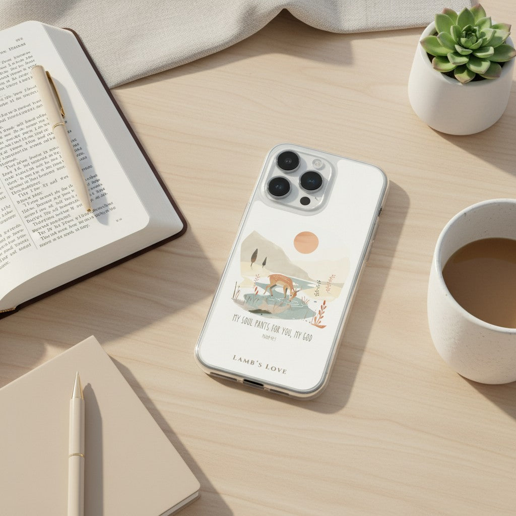 Christian MagSafe iPhone case with deer illustration inspired by Psalm 42:1 “As the deer pants for streams of water” on a desk with an open Bible and coffee