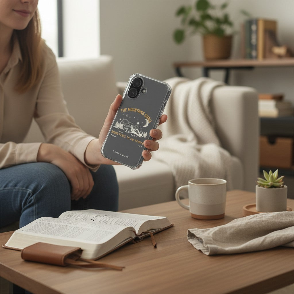 Psalm 72:3 Christian MagSafe iPhone case with mountains bring peace design held in hand in a cozy living room