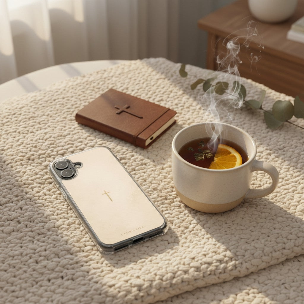 Minimalist cross Christian MagSafe iPhone case beside warm tea and devotional journal on cozy textured blanket with soft morning sunlight